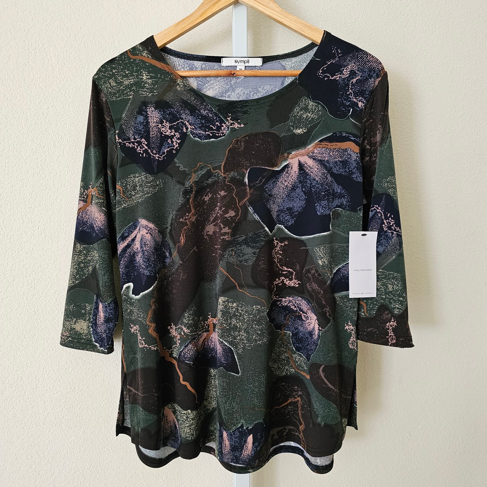 Nwt Sympli Go To Classic T-Shirt Relax 3/4 Sleeve Abstract Floral Sz 10